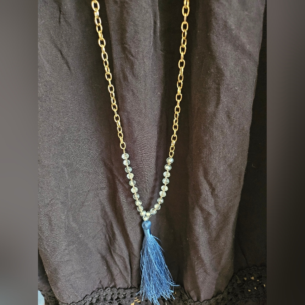 ♡Long Gold Tone With Silver Beads and Navy Blue Tassle♡